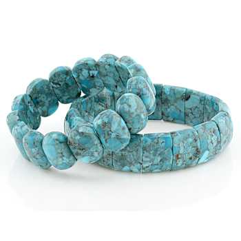 Large Turquoise Stretch Bracelet Set Of 2 In Sterling Silver