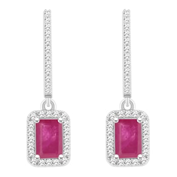 6x4mm Emerald Cut Ruby 1/3 ctw Diamond Rhodium Over Sterling Silver Halo
Dangle Earrings