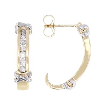 Two-Tone Diamond J-Hoop Earrings In 14K Gold