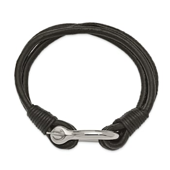 Black Leather and Stainless Steel Polished Multi Strand 8.5-inch Shackle Bracelet