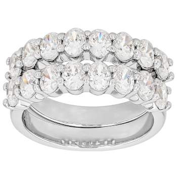 Oval CZ Set Of Two Stackable Band Rings In Rhodium Over Brass 5.30ctw