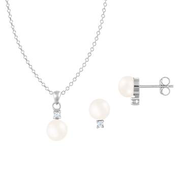 6-7mm Button White Freshwater Pearl and CZ Rhodium Over Sterling Earring
and Pendant W/Chain Set