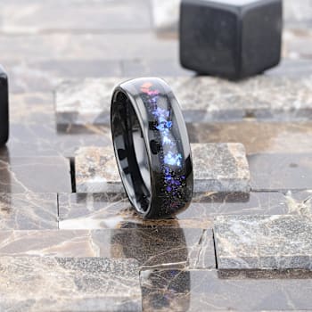 COSMIC Black Tungsten Ring with Crushed Alexandrite and Dark Blue and
Purple Crushed Goldstone 8mm