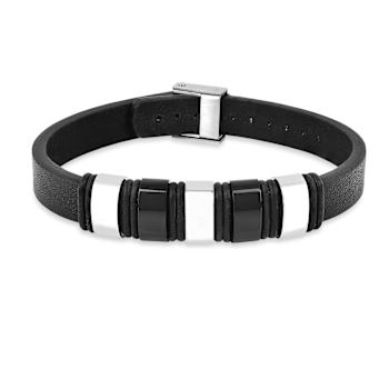 Mens Black Leather and Stainless Steel Station Bracelet