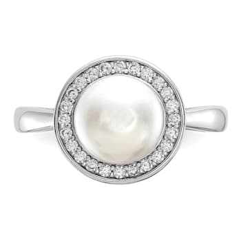 Rhodium Over Sterling Silver Freshwater Cultured Pearl and Cubic
Zirconia Halo Ring