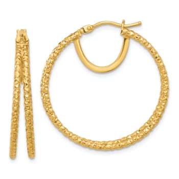 14k Yellow Gold Polished and Textured 1 3/16" Double Circle Hoop Earrings
