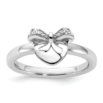 Sterling Silver Stackable Expressions Heart with Bow Diamond Ring 0.024ctw