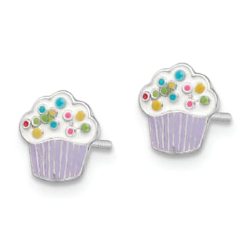 Rhodium Over Sterling Silver Enamel Cupcake Children's Post Earrings