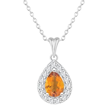 8x5mm Pear Shape Citrine and White Topaz Accent Rhodium Over Sterling
Silver Halo Pendant w/Chain