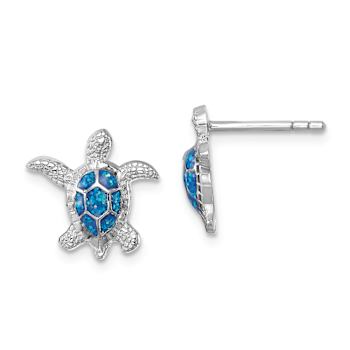 Rhodium Over Sterling Silver Enameled Polished Turtle Post Earrings