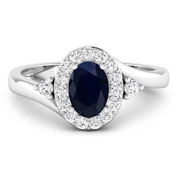 Oval Blue Sapphire and Diamond 14K White Gold Halo Ring 1.02 ctw