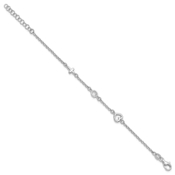 Rhodium Over Sterling Silver Cubic Zirconia Heart and Cross with 1-inch
Extension Bracelet
