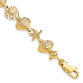 14k Yellow Gold Textured Sand Dolloar, Clam, Starfish Link Bracelet
