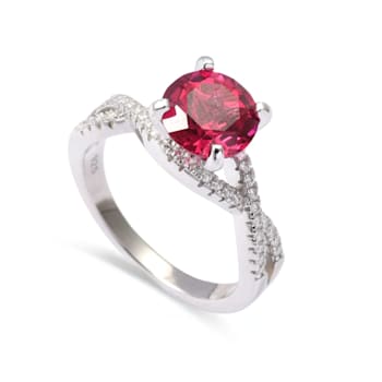 Red Lab Created Ruby with Moissanite Accent Rhodium Over Sterling Silver Ring