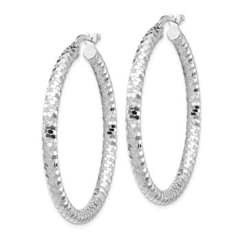 Rhodium Over 14k White Gold 1 9/16" Diamond-Cut Hoop Earrings