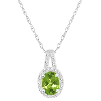 8x6mm Oval Peridot 1/7 ctw Diamond Rhodium Over Sterling Silver Halo
Pendant with Chain