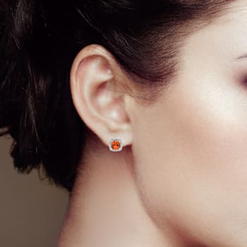 Peach Orange Lab Created Padparadscha Sapphire with Moissanite Rhodium
Over Silver Stud Earrings