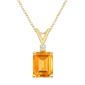 9x7mm Emerald Cut Citrine with Diamond Accent 14k Yellow Gold Pendant
With Chain