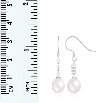 White Cultured Freshwater Pearl and Cubic Zirconia Rhodium Over Sterling
Silver 7-8mm Drop Earrings