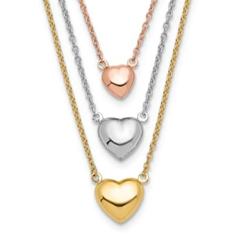 14K Tri-color Three Heart with 1-inch Extension Necklace