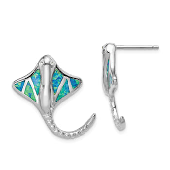 Rhodium Over Sterling Silver Lab Created Opal Stingray Post Earrings