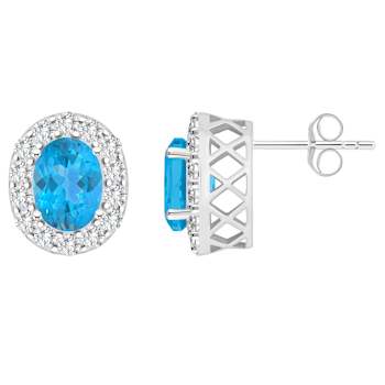 8x6mm Oval Swiss Blue Topaz And White Topaz Accent Rhodium Over Sterling
Silver Halo Stud Earrings