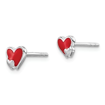 Rhodium Over Sterling Silver Red Enamel Double Heart Post Earrings