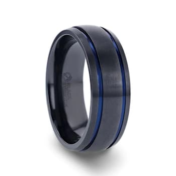 SHERIFF Domed Black Titanium Brushed Finish Men’s Wedding Ring with Blue
Grooves 8mm