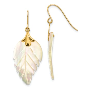14K Yellow Gold Mother of Pearl Leaf Dangle Earrings