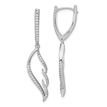 Rhodium Over 14k White Gold Diamond Wing Hinged Hoop Dangle Earrings