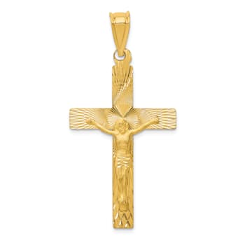 14k Yellow Gold Polished Satin and Diamond-Cut Crucifix Pendant