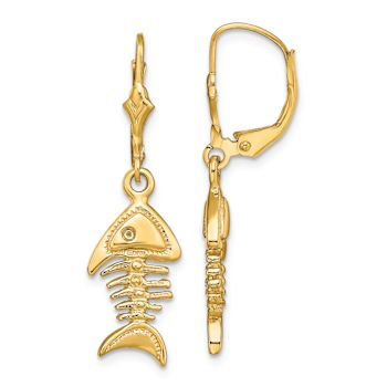 14k Yellow Gold 3D Fishbone Dangle Earrings