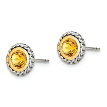Sterling Silver Antiqued with 14K Accent Citrine Post Earrings