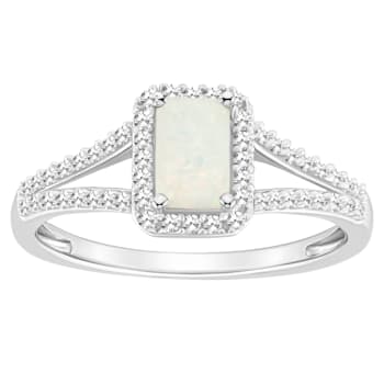 6x4mm Emerald Cut Opal 1/4 ctw Diamond Rhodium Over Sterling Silver Halo Ring