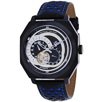 Christian Van Sant Men's Machina Black Dial, Blue and Black Leather
Strap Watch