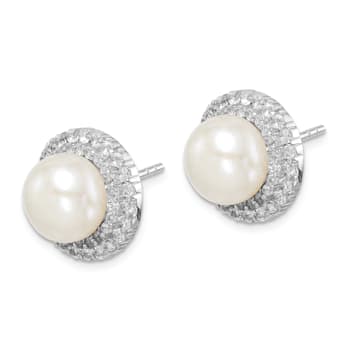 Rhodium Over Sterling Silver 8-9mm White Button Freshwater Cultured
Pearl Cubic Zirconia Earrings