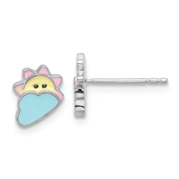Rhodium Over Sterling Silver Children's Enamel Sun and Cloud Earrings
