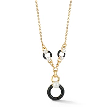 Rachel Zoe Simulated Pearl and Black Enamel Lariat Necklace in 14K Gold
Over Brass