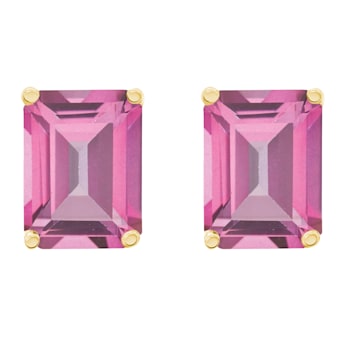 8x6mm Emerald Cut Pink Topaz 14k Yellow Gold Stud Earrings