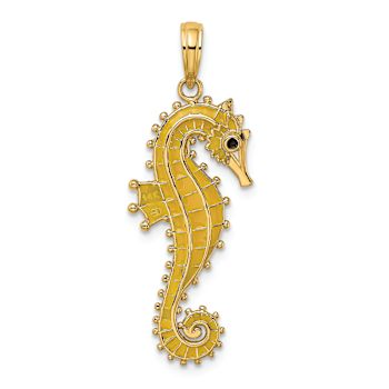 14k Yellow Gold Textured 3D Black Enamel Seahorse Charm