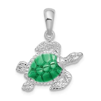 Rhodium Over Sterling Silver Polished Enameled Sea Turtle Pendant