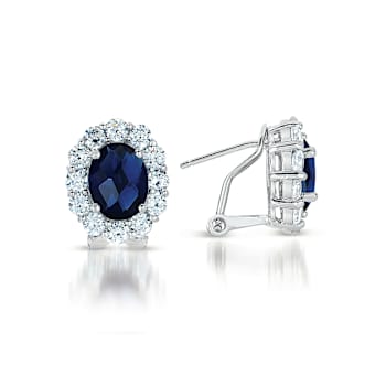 Sapphire Color CZ Halo Stud Earrings In Sterling Silver 7.4ctw