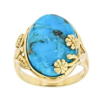 Turquoise Oval Ring With Flower Detail In 18K Gold Over Sterling Silver 18x13mm