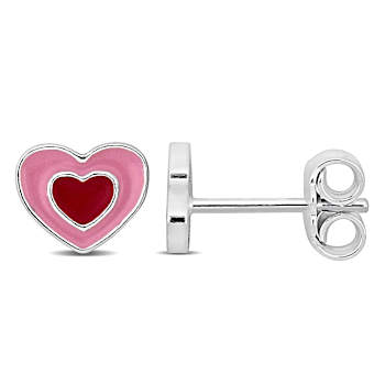 Children's Pink and Red Enamel Heart Stud Earrings in Sterling Silver