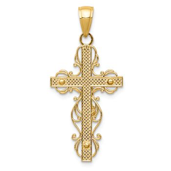 14k Yellow Gold Polished and Textured Crucifix with Lace Trim Pendant
