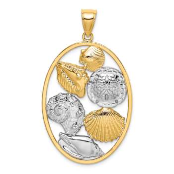 14k Two-tone Gold Textured Shell Cluster In Oval Frame Charm