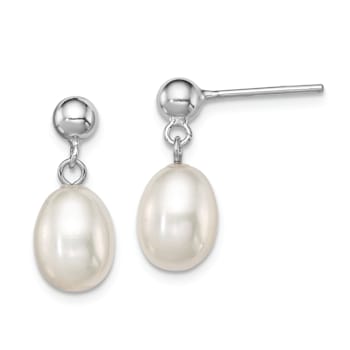 Rhodium Over Sterling Silver 7-8mm White Freshwater Cultured Pearl Earrings