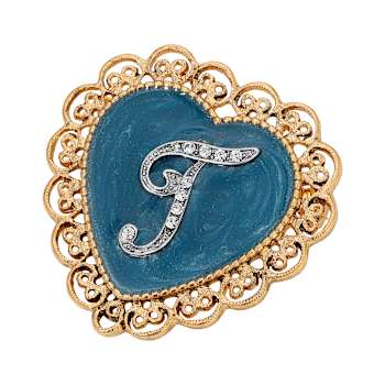 Gold Tone Filigree Heart Blue Enamel Initial Pin