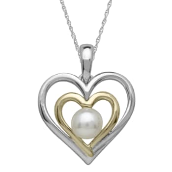 White Freshwater Pearl Sterling Silver/14K Gold Over Silver Accent
Double Heart Pendant with Chain