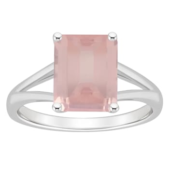 10x8mm Emerald Cut Rose Quartz Rhodium Over Sterling Silver Ring